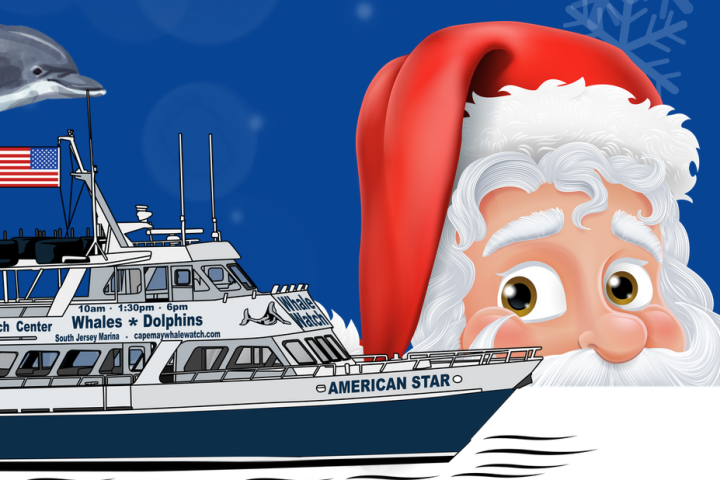 Santa peeking over a paper with a ship and dolphin on a blue snowflake background.