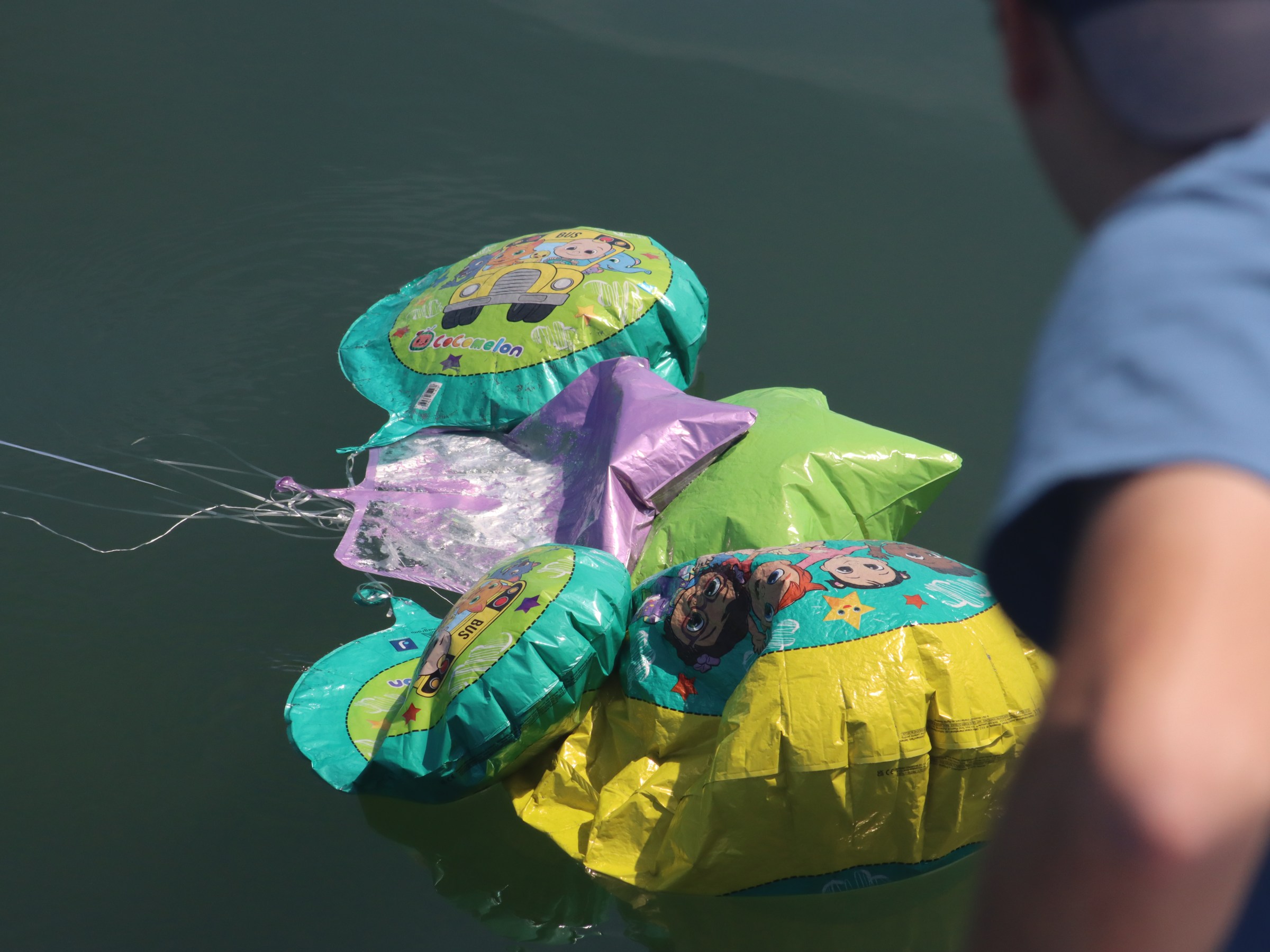 Person looking at colorful helium balloons floating on water.