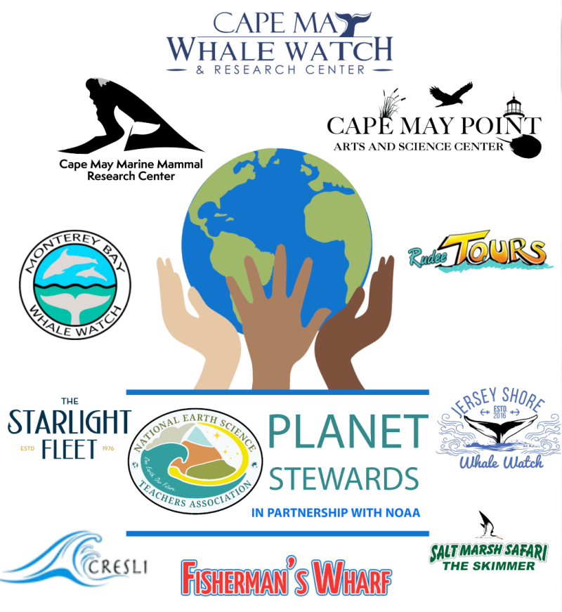 Logos of whale watching and environmental organizations around a globe with diverse hands.